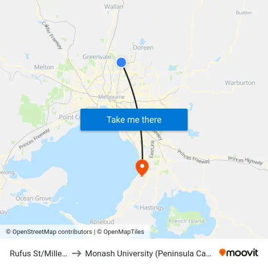 Rufus St/Miller St to Monash University (Peninsula Campus) map