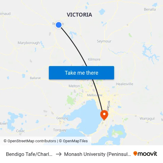 Bendigo Tafe/Charleston Rd to Monash University (Peninsula Campus) map