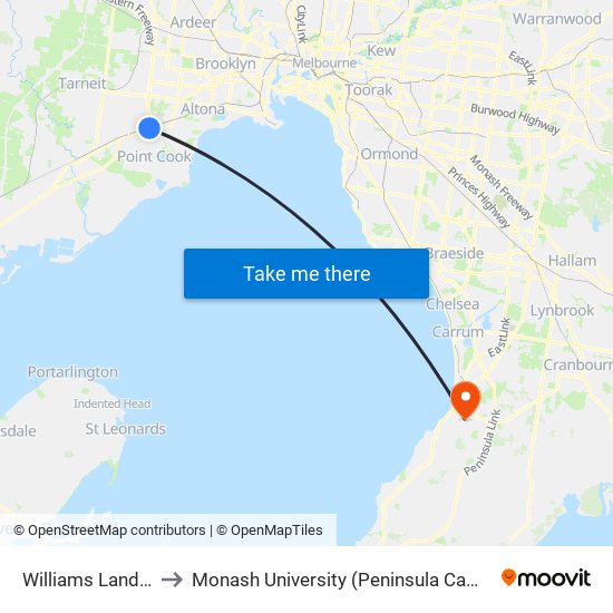 Williams Landing to Monash University (Peninsula Campus) map