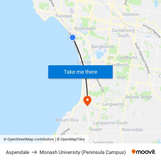 Aspendale to Monash University (Peninsula Campus) map