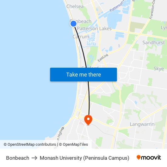 Bonbeach to Monash University (Peninsula Campus) map