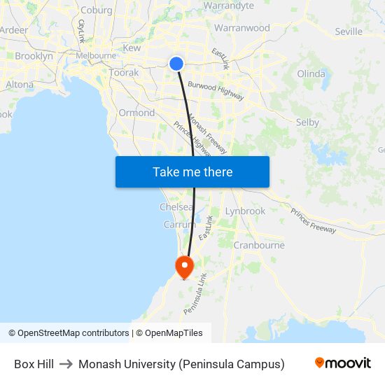 Box Hill to Monash University (Peninsula Campus) map