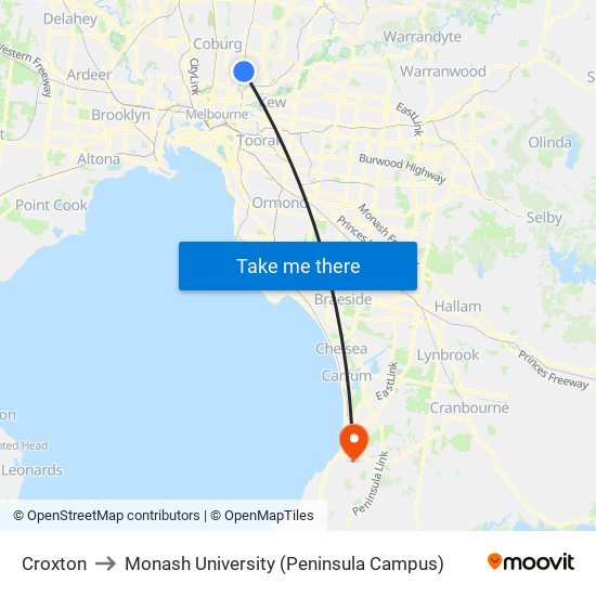 Croxton to Monash University (Peninsula Campus) map