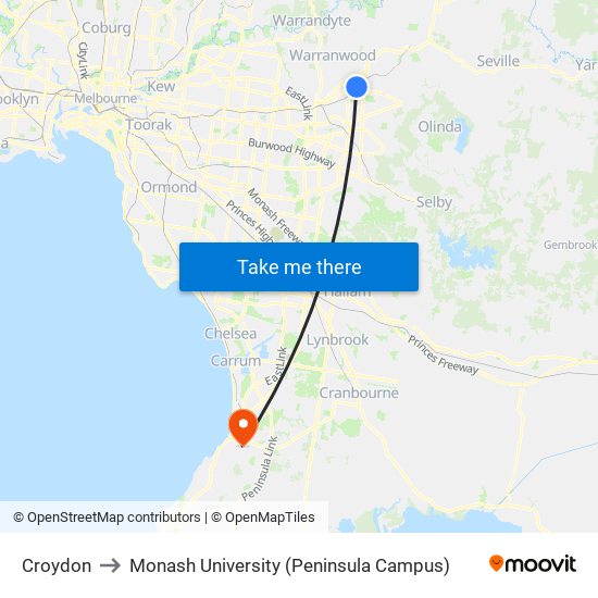 Croydon to Monash University (Peninsula Campus) map