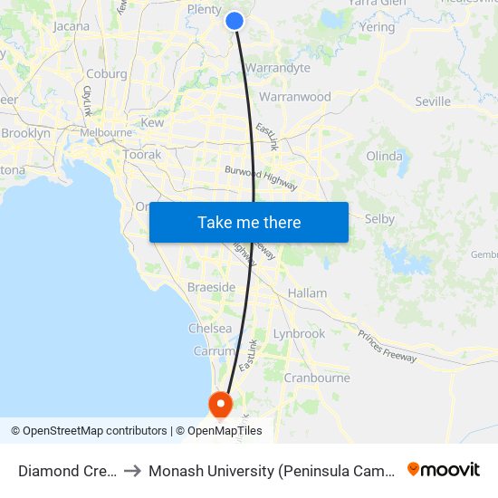 Diamond Creek to Monash University (Peninsula Campus) map