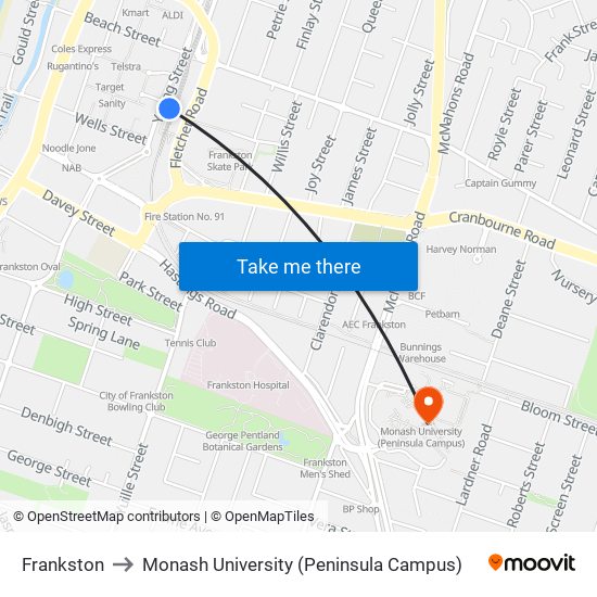 Frankston to Monash University (Peninsula Campus) map