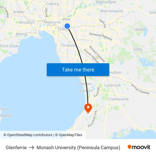 Glenferrie to Monash University (Peninsula Campus) map