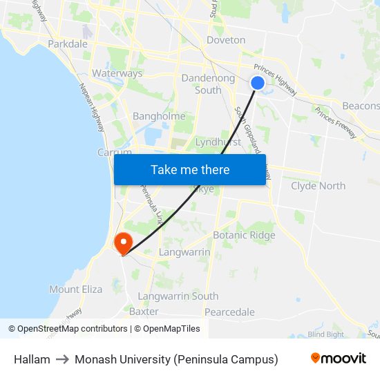 Hallam to Monash University (Peninsula Campus) map