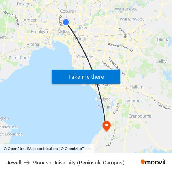 Jewell to Monash University (Peninsula Campus) map