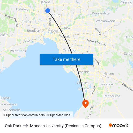 Oak Park to Monash University (Peninsula Campus) map