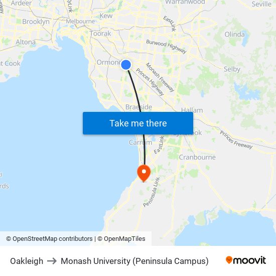 Oakleigh to Monash University (Peninsula Campus) map