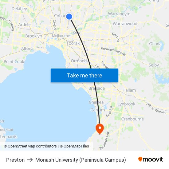 Preston to Monash University (Peninsula Campus) map