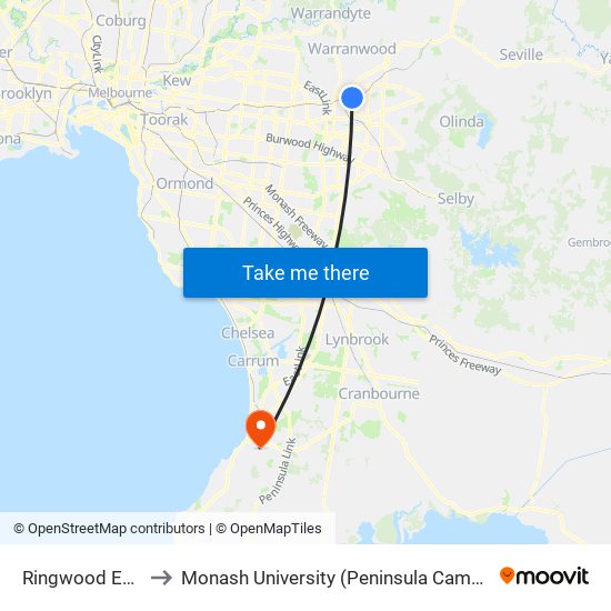 Ringwood East to Monash University (Peninsula Campus) map