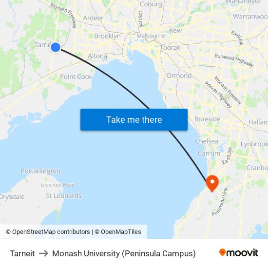 Tarneit to Monash University (Peninsula Campus) map