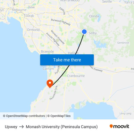 Upwey to Monash University (Peninsula Campus) map