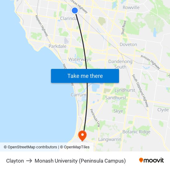 Clayton to Monash University (Peninsula Campus) map