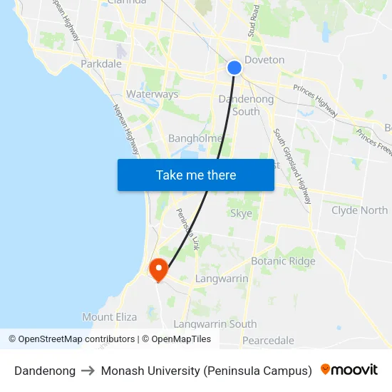 Dandenong to Monash University (Peninsula Campus) map
