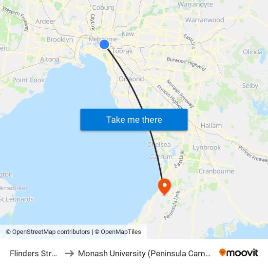Flinders Street to Monash University (Peninsula Campus) map