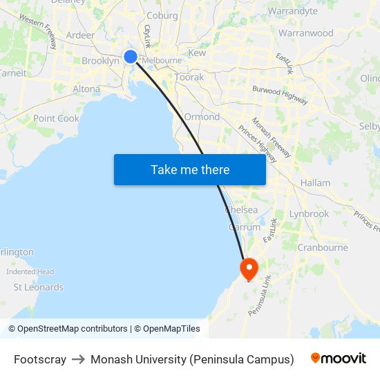 Footscray to Monash University (Peninsula Campus) map