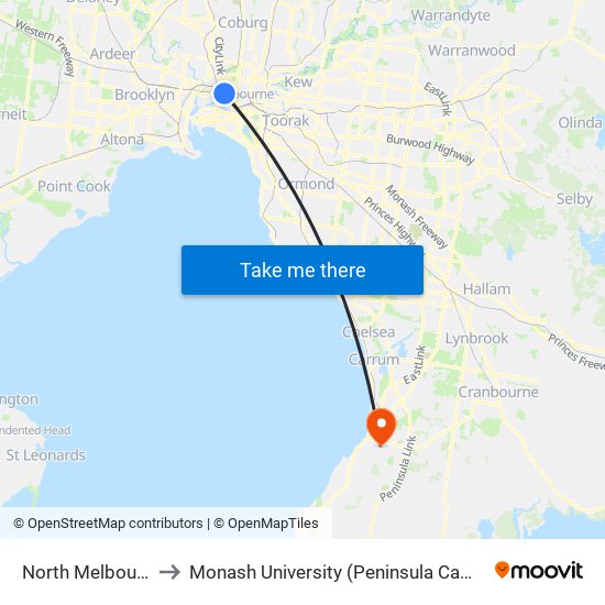 North Melbourne to Monash University (Peninsula Campus) map