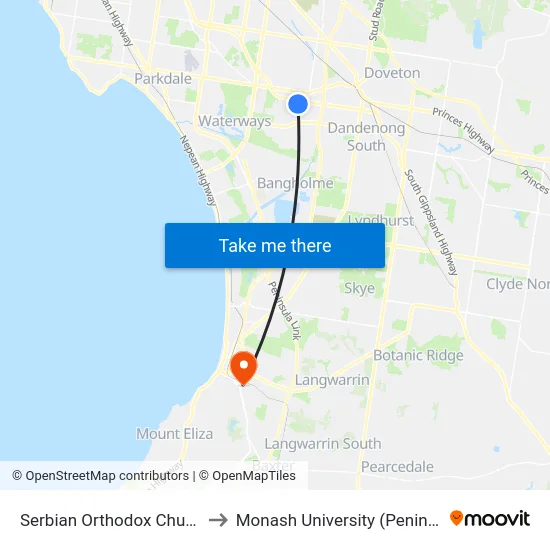 Serbian Orthodox Church/Perry Rd to Monash University (Peninsula Campus) map