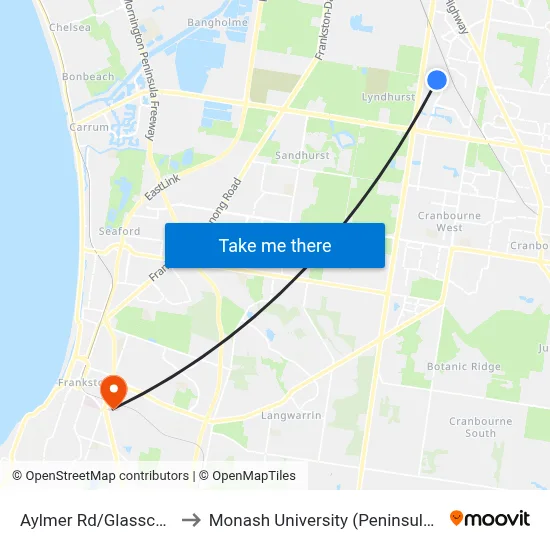 Aylmer Rd/Glasscocks Rd to Monash University (Peninsula Campus) map