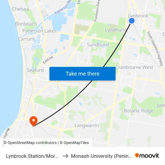 Lynbrook Station/Moreton Bay Bvd to Monash University (Peninsula Campus) map