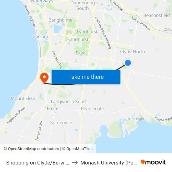 Shopping on Clyde/Berwick-Cranbourne Rd to Monash University (Peninsula Campus) map