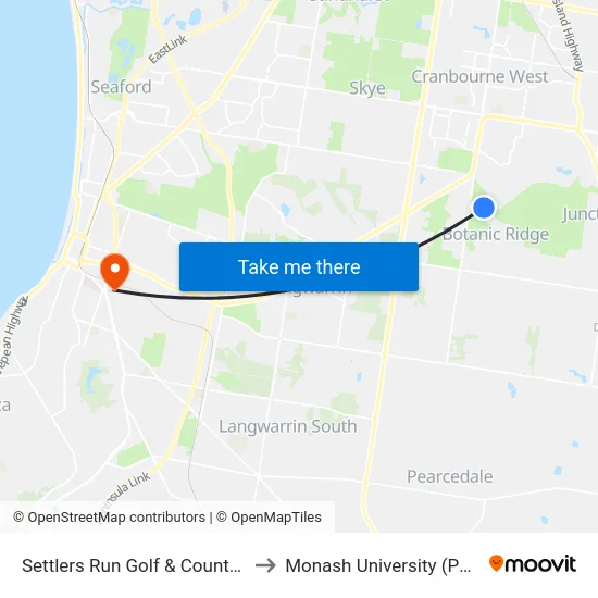 Settlers Run Golf & Country Club/Settlers Run to Monash University (Peninsula Campus) map