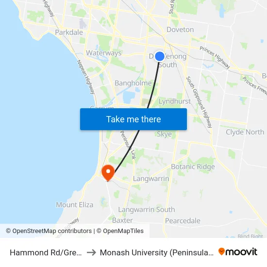 Hammond Rd/Greens Rd to Monash University (Peninsula Campus) map