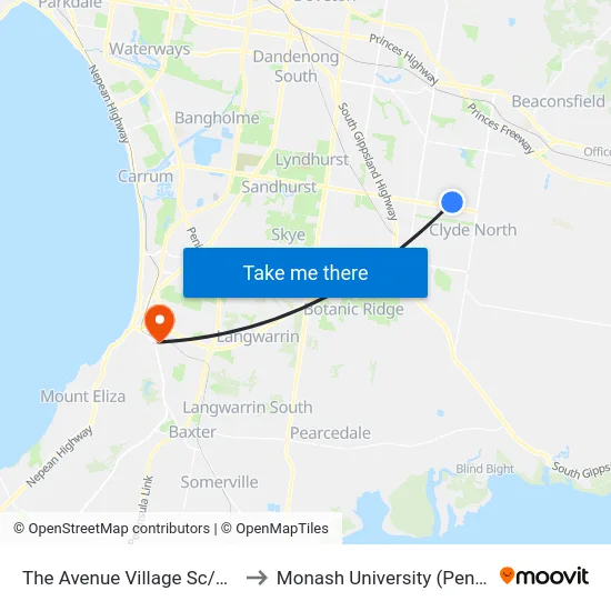 The Avenue Village Sc/Linden Tree Way to Monash University (Peninsula Campus) map