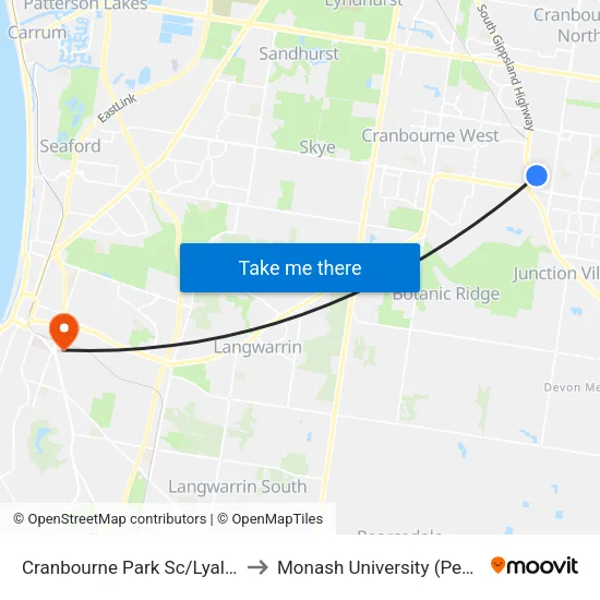 Cranbourne Park Sc/Lyall St to Monash University (Peninsula Campus) map
