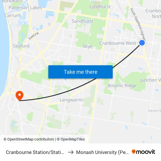 Cranbourne Station/Station St (Cranbourne) to Monash University (Peninsula Campus) map