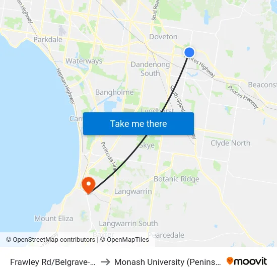 Frawley Rd/Belgrave-Hallam Rd to Monash University (Peninsula Campus) map