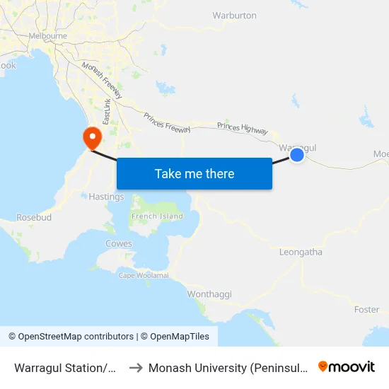 Warragul Station/Alfred St to Monash University (Peninsula Campus) map