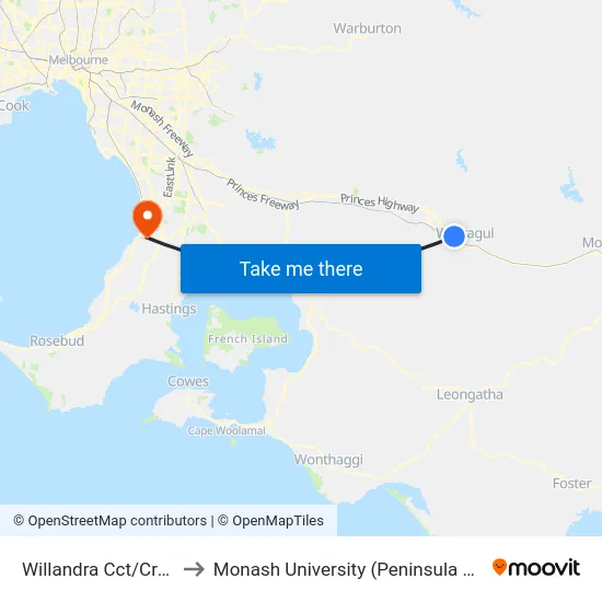 Willandra Cct/Crole Dr to Monash University (Peninsula Campus) map