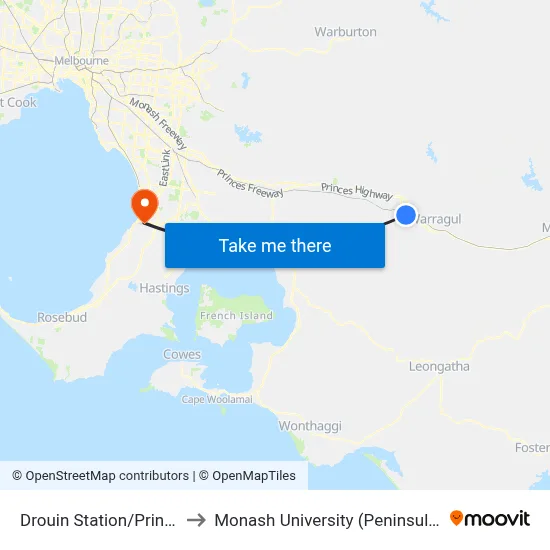 Drouin Station/Princes Way to Monash University (Peninsula Campus) map