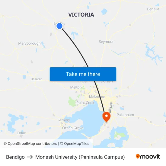 Bendigo to Monash University (Peninsula Campus) map