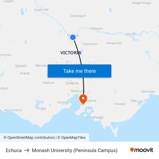 Echuca to Monash University (Peninsula Campus) map