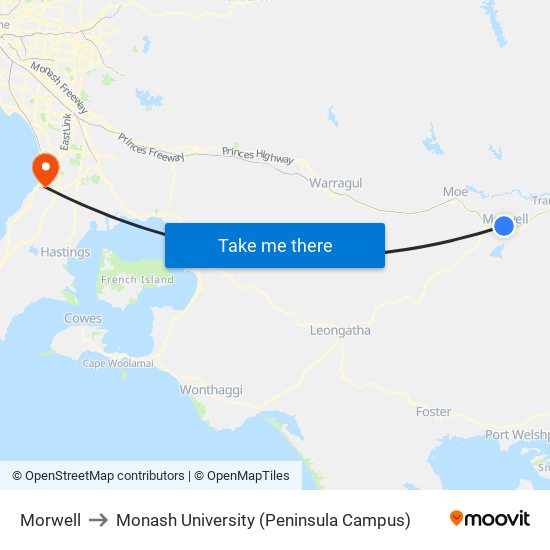 Morwell to Monash University (Peninsula Campus) map