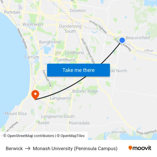 Berwick to Monash University (Peninsula Campus) map