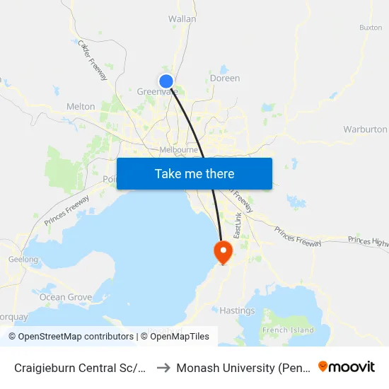 Craigieburn Central Sc/Central Park Ave to Monash University (Peninsula Campus) map