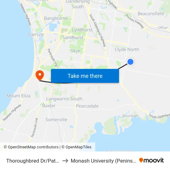 Thoroughbred Dr/Pattersons Rd to Monash University (Peninsula Campus) map