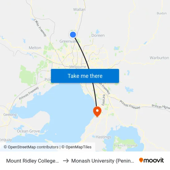 Mount Ridley College/Aitken Bvd to Monash University (Peninsula Campus) map