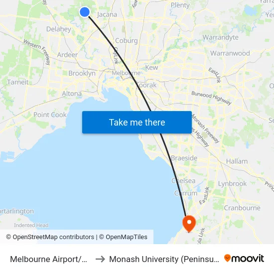 Melbourne Airport/Grants Rd to Monash University (Peninsula Campus) map