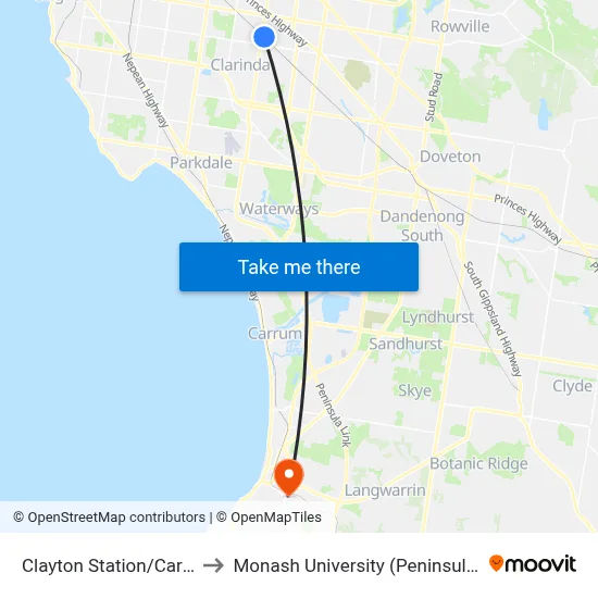 Clayton Station/Carinish Rd to Monash University (Peninsula Campus) map