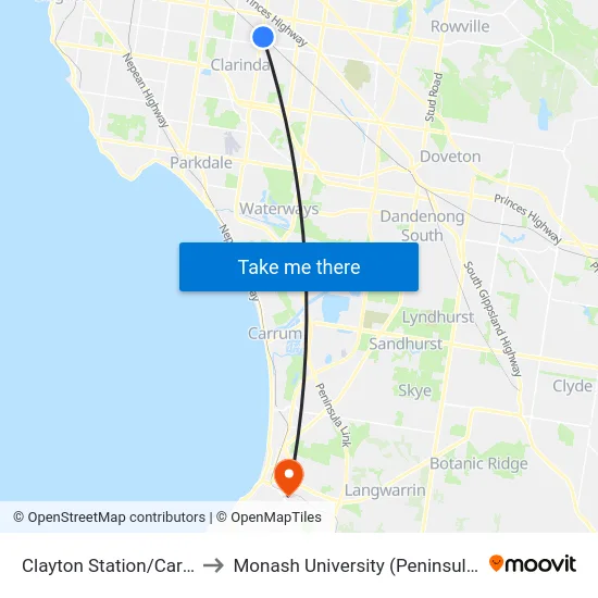Clayton Station/Carinish Rd to Monash University (Peninsula Campus) map