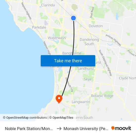 Noble Park Station/Mons Pde to Monash University (Peninsula Campus) map