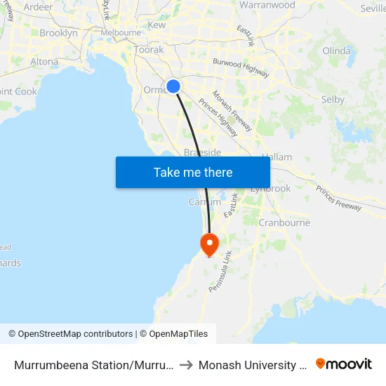 Murrumbeena Station/Murrumbeena Rd to Monash University (Peninsula Campus) map