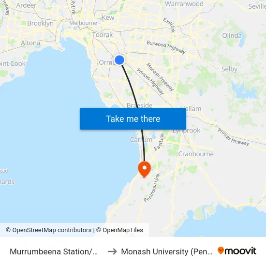 Murrumbeena Station/Murrumbeena Rd to Monash University (Peninsula Campus) map